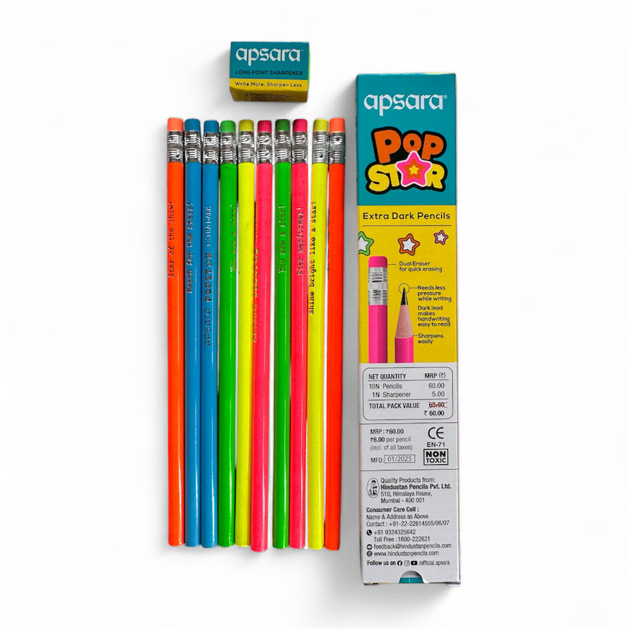 Pop Star Extra Dark Pencils (Pack of 10 + Free Sharpener)