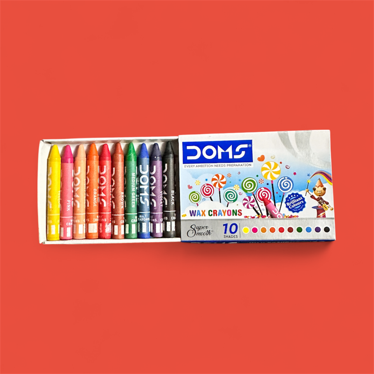 DOMS Wax Crayons – 10 Vibrant Shades | Smooth Coloring for Kids