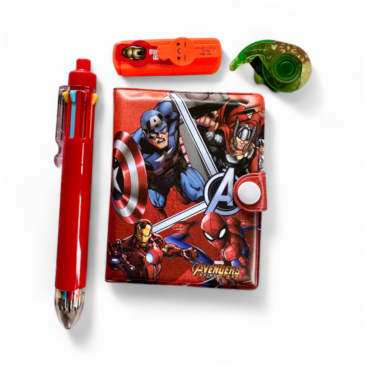 Kids 4-in-1 Mini Stationery Gift Set – Notepad, 6-Colour Pen, Sharpener & Tape | Cute Bear / Avengers Designs