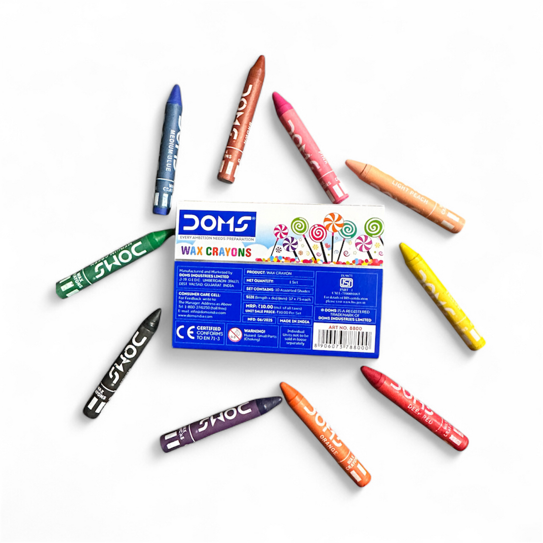 DOMS Wax Crayons – 10 Vibrant Shades | Smooth Coloring for Kids