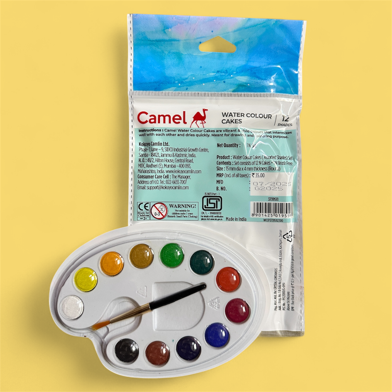 Camel Water Colour Cakes – 12 Brilliant Shades with Brush | Smooth & Vibrant