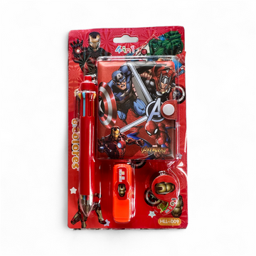 Kids 4-in-1 Mini Stationery Gift Set – Notepad, 6-Colour Pen, Sharpener & Tape | Cute Bear / Avengers Designs