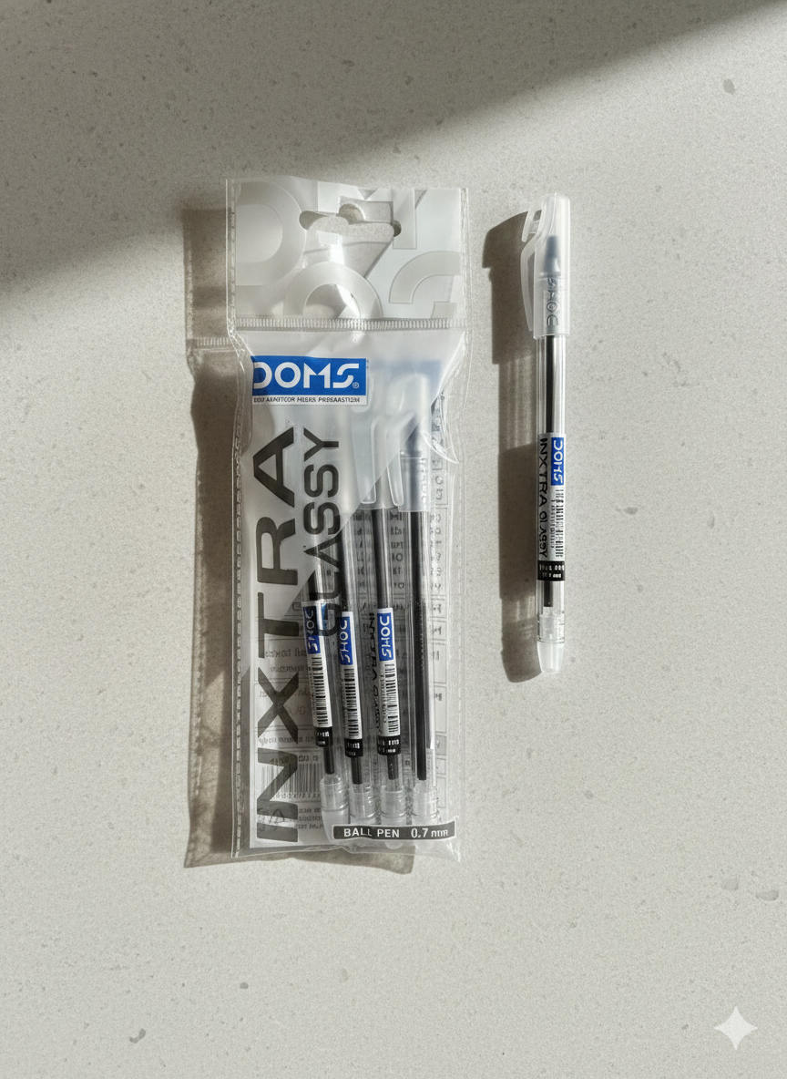 DOMS INXTRA Glassy Ball Pen – Black Ink | Pack of 5 | 0.7 mm Tip|