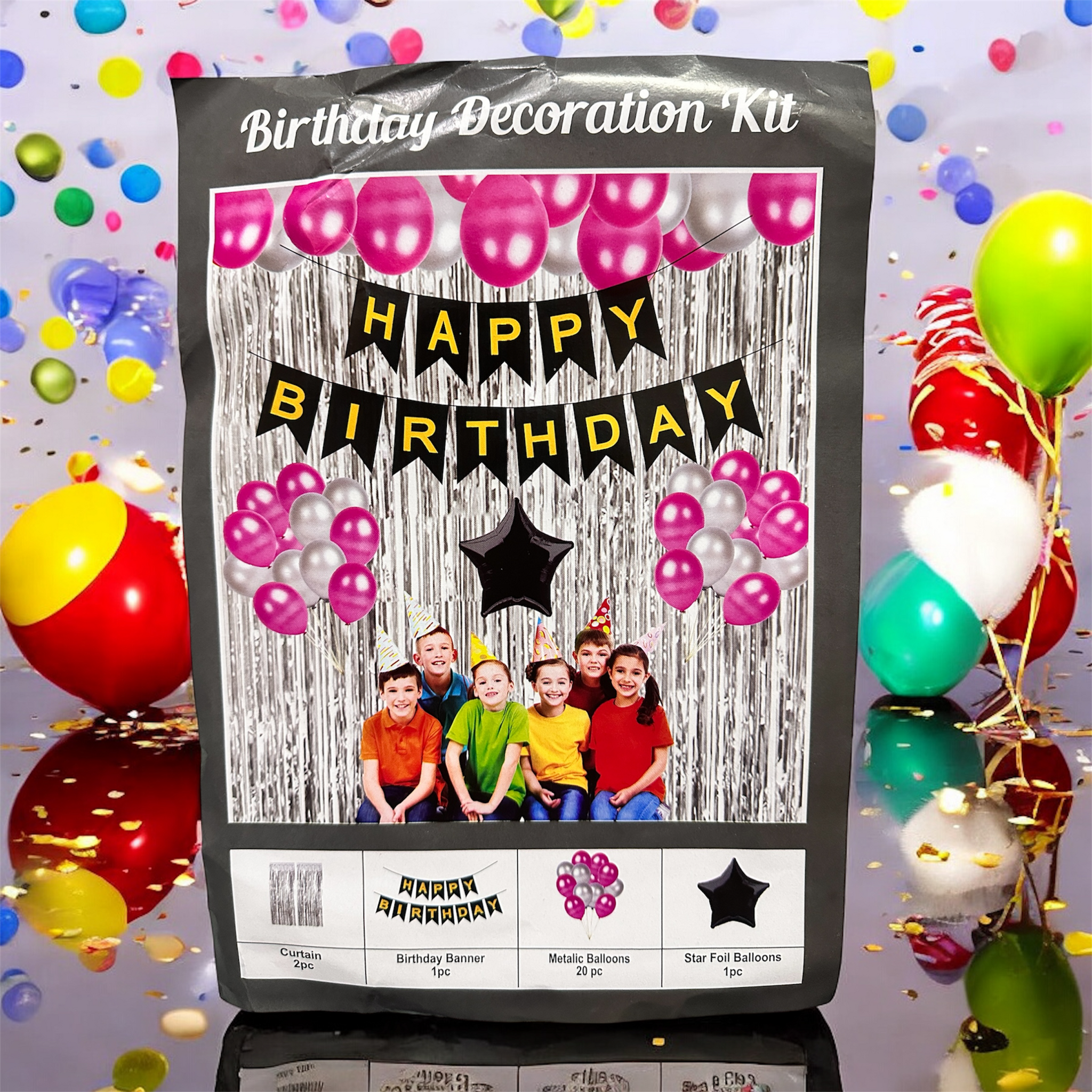 Birthday Decoration Kit – Complete Party Set with Balloons, Banner & Foil Curtain
