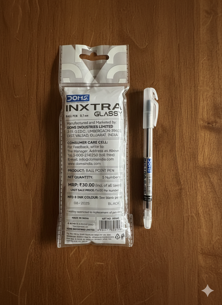 DOMS INXTRA Glassy Ball Pen – Black Ink | Pack of 5 | 0.7 mm Tip|