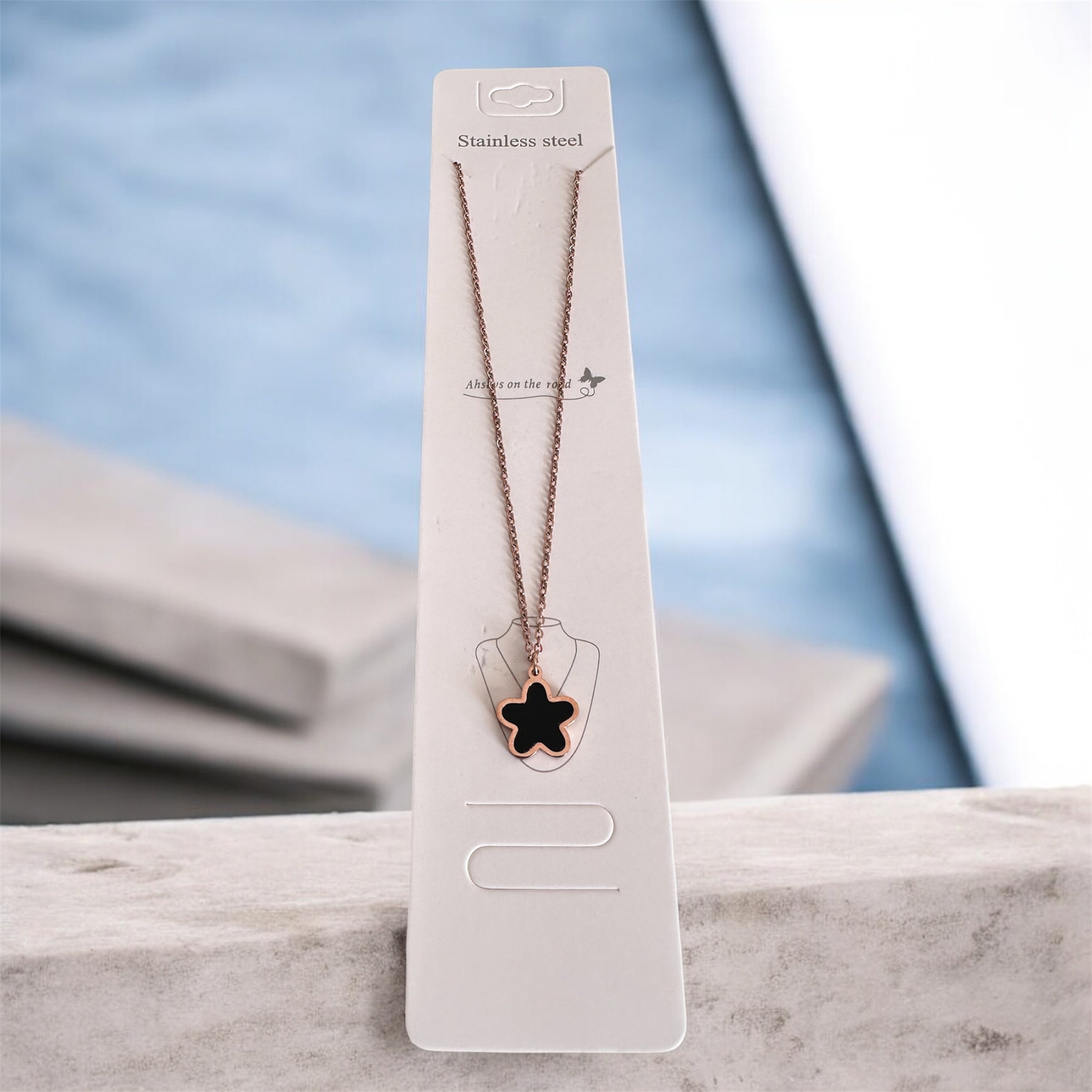 Rose Gold Plated Floral Pendant Necklace with Black Onyx-Style inlay