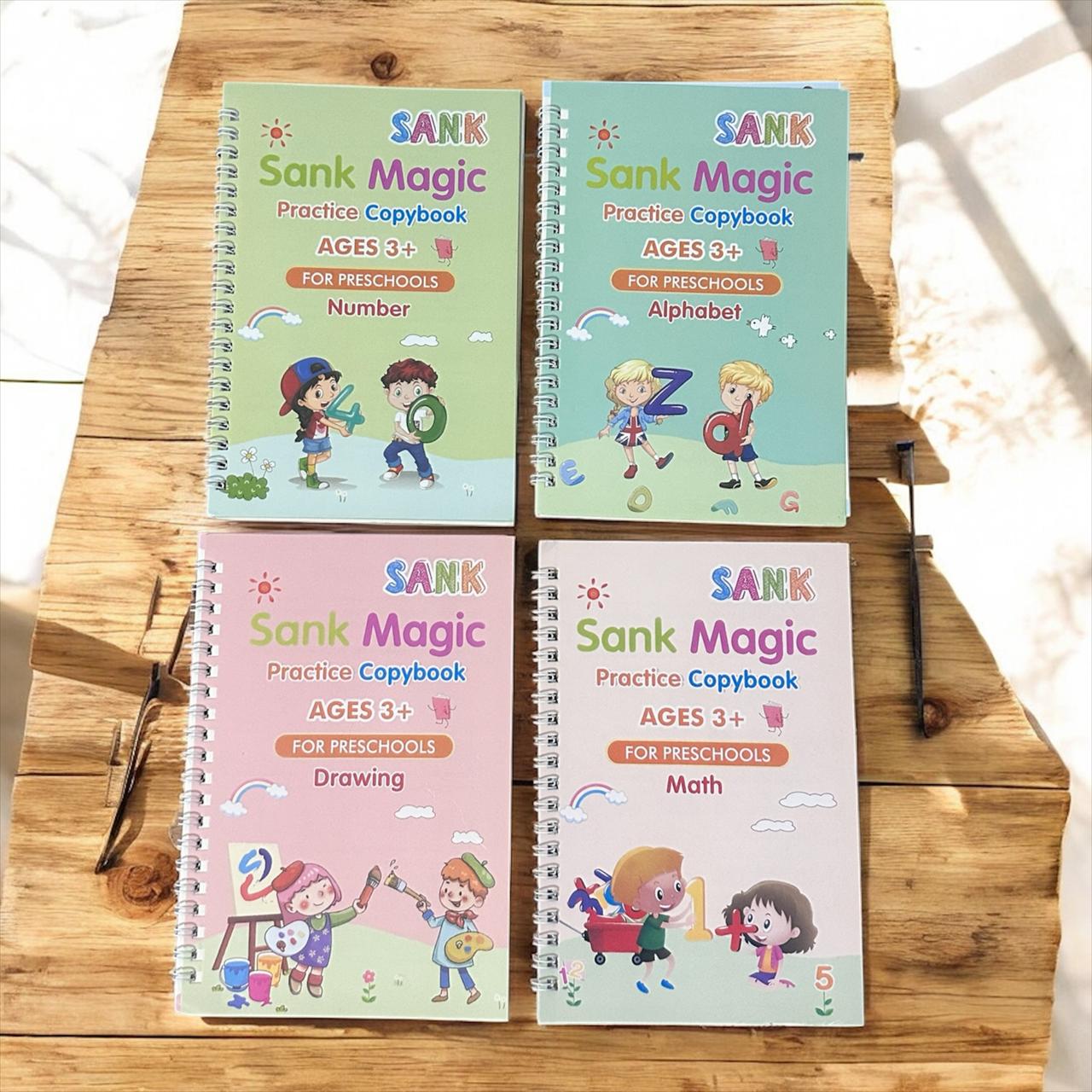Sank Magic Practice Copybook Set – 4 Books (Alphabet, Numbers, Math, Drawing) | Ages 3+ |