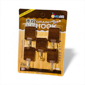 DMEI Wood Grain Adhesive Hooks (Square Design, Set of 5)