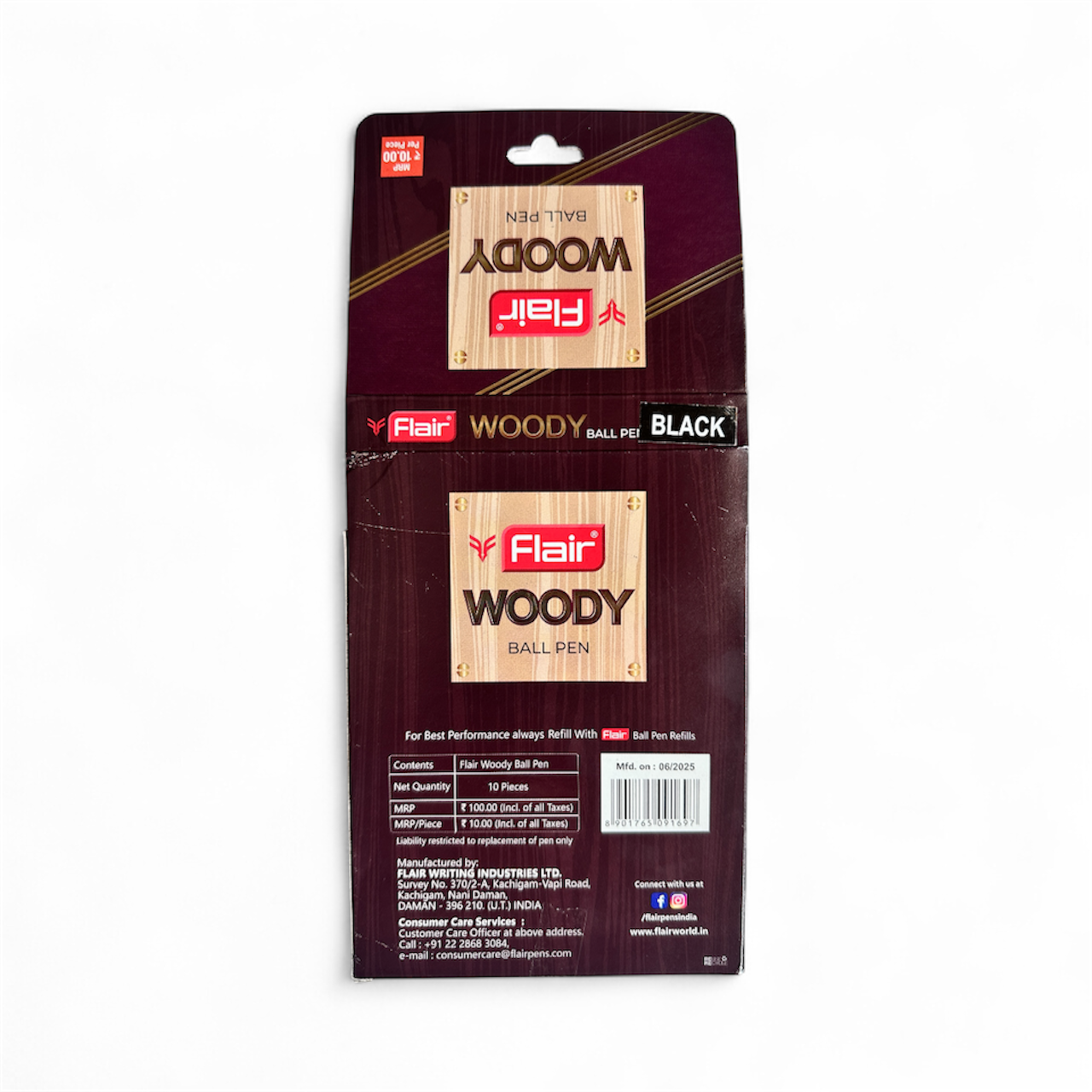 Flair Woody Ball Pens (Pack of 10, Black Ink)