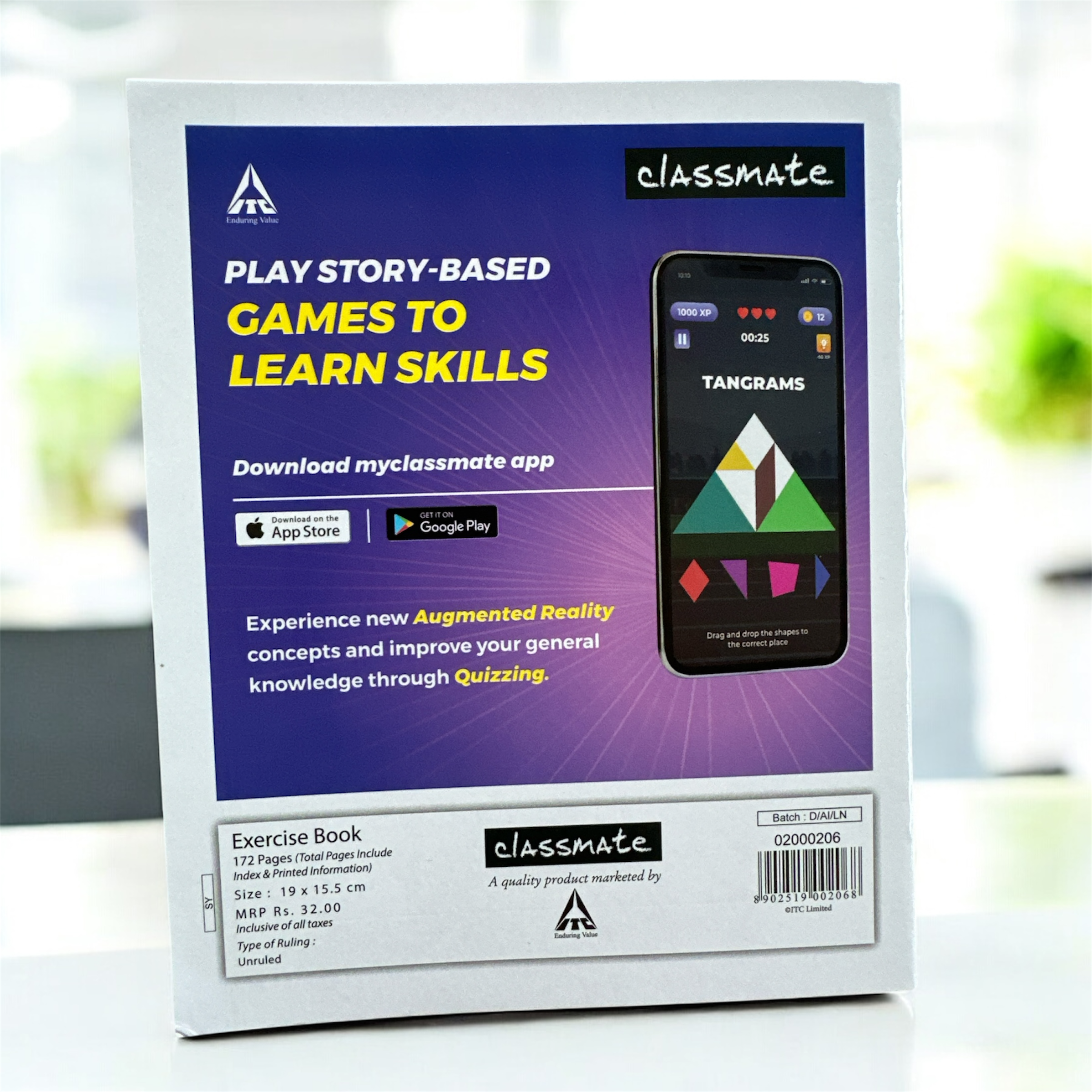 Classmate Exercise Book – 172 Pages, 19 × 15.5 cm | Unruled | High-Quality Paper for Notes, school note book